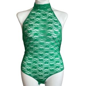 Frederick's of Hollywood Margarita Green Lace Halter Teddy Bodysuit Snap S